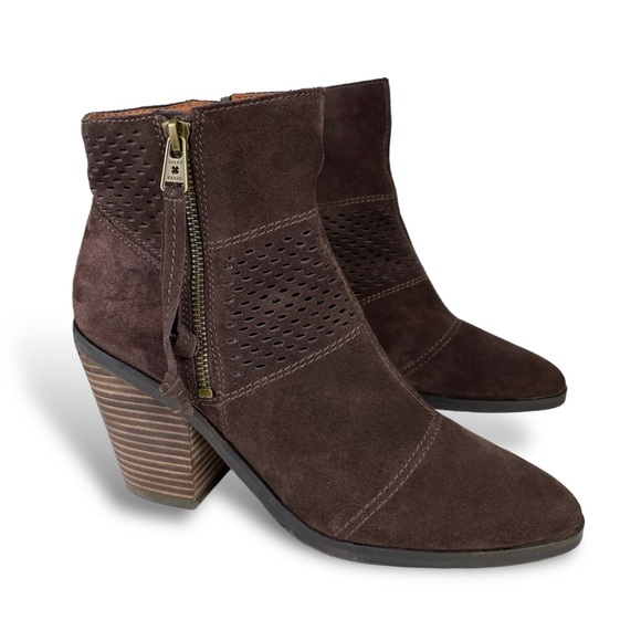 Lucky Brand Western Booties Perforated Boho Brown Suede Leather Ankle Boot - Picture 3 of 12